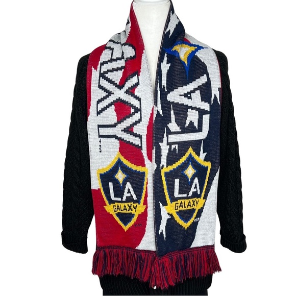 RARE LA Galaxy Crest Scarf Fringe Los Angeles Soccer Team Winter Knit Red Blue - Picture 13 of 14